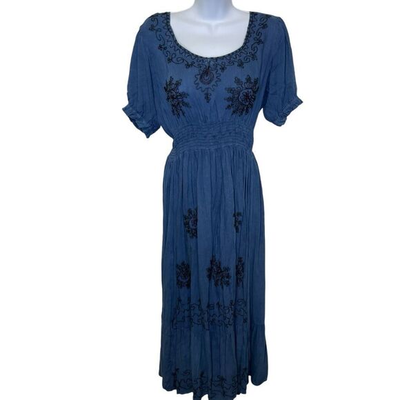 Amanda’s Collection Maxi Short Sleeve Embroidered Peasant Dress Blue Black Large - Picture 2 of 11